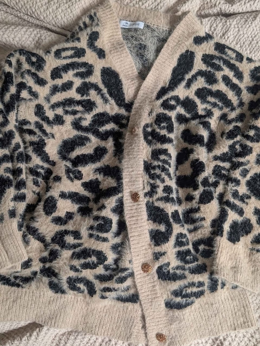 Cupshe Beige and Black Leopard-Print Fuzzy Button Cardigan